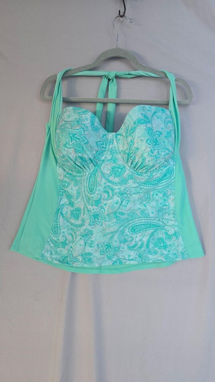 Collections By Catalina Swim Tankini Top Womens 2X Green Paisley Halter Padded